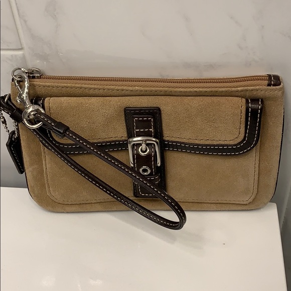 Coach Tan & Brown Suede Wristlet - Picture 1 of 4